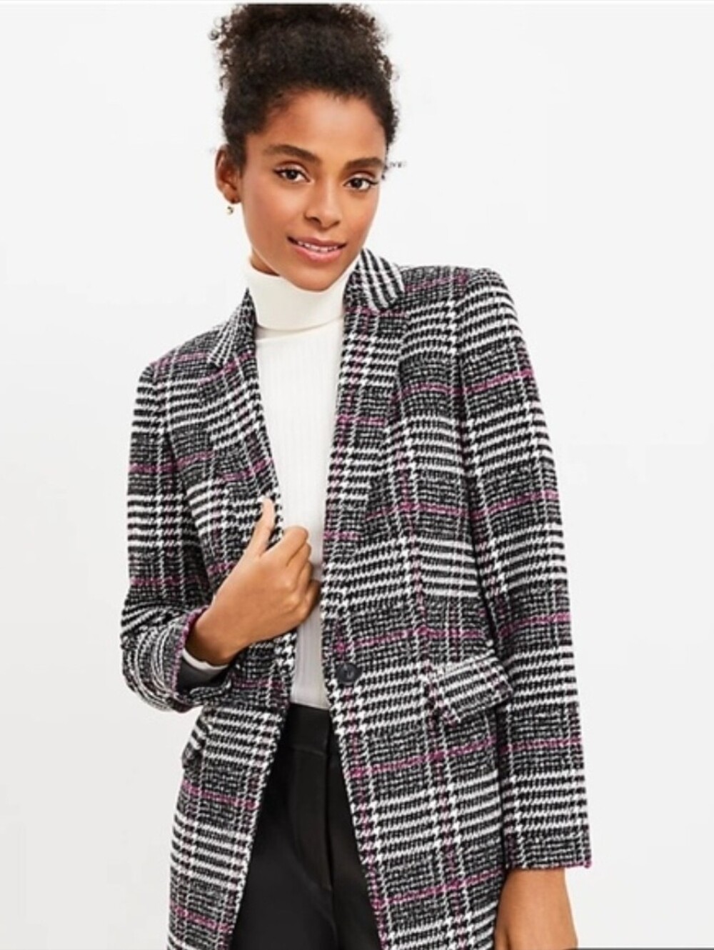 LOFT Black, White & Pink Plaid Blazer, Size 8